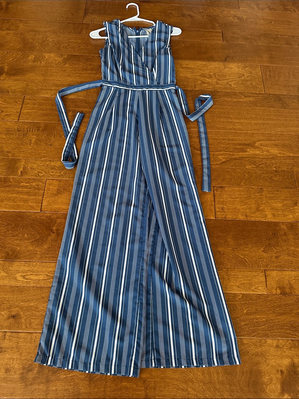 Japna Navy and White Striped Wrap Jumpsuit with Tie Waist